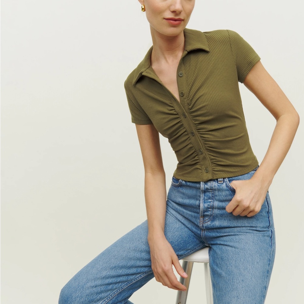 Olive green small Reformation collared blouse